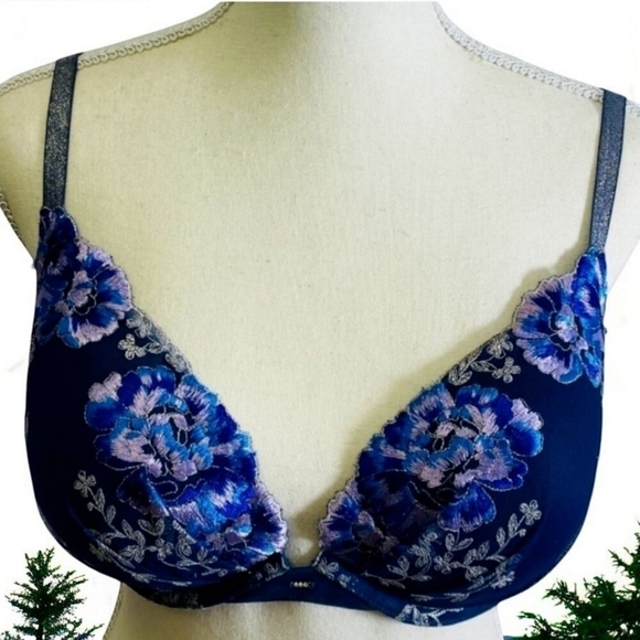 Victoria's Secret 36DD Dark Blue Flower Embroidered Embellished Plunge Bra - Picture 2 of 9